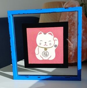 Lucky Cat Art in Hand Painted Distressed Blue Frame